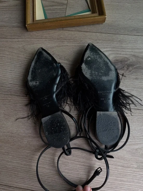 Saint Laurent Ostrich Black Feather-Trim Pointed sandals - Picture 10 of 17